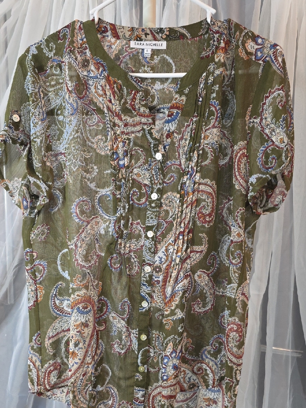 #250 Sara Michelle Olive Paisley Button-Up Tunic with Multicolor Accents